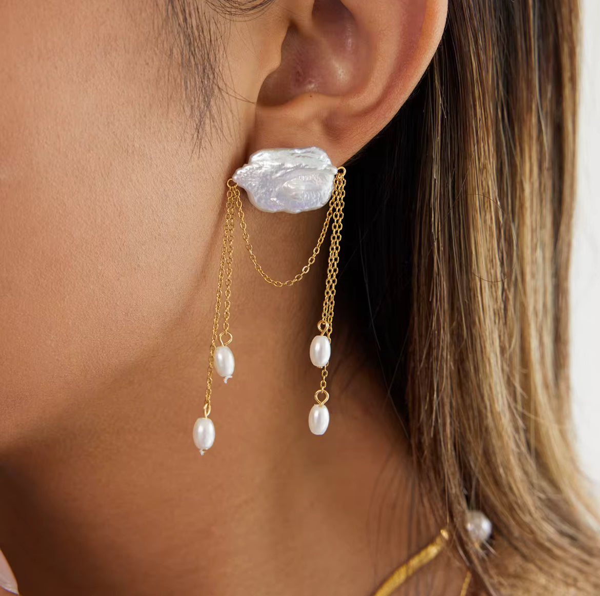 18K Gold Plated Double Layer Tassel Drop Earrings with Oval Shaped Natural Freshwater Pearl 18K Gold Plated