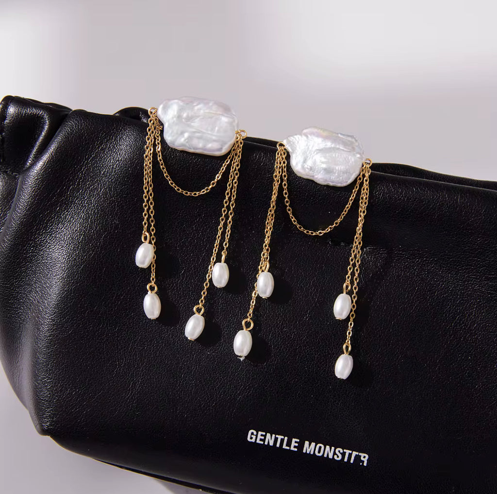 18K Gold Plated Double Layer Tassel Drop Earrings with Oval Shaped Natural Freshwater Pearl 18K Gold Plated