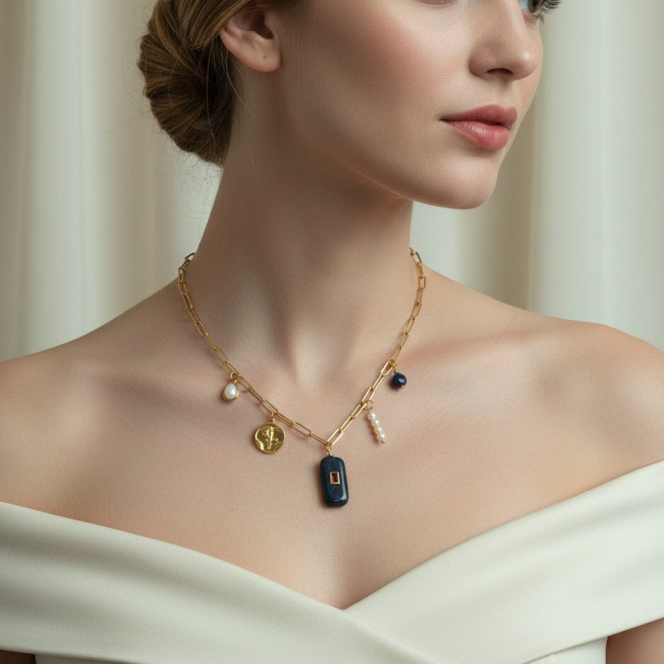 CLARITYANDFOCUSLAPISLAZULIANDWHITEJADENATURALSTONEWITHGOLDANDWHITECHARMMOTIFMINIMALISTICCHARMNECKLACEBYONNARA