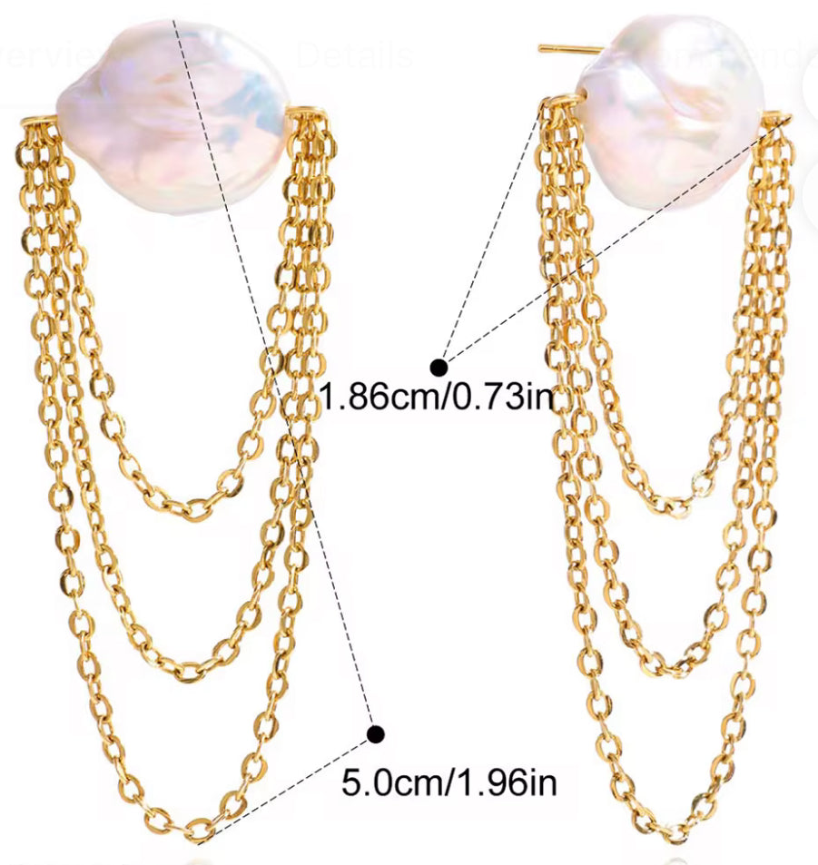 18K Gold Plated Double Layer Tassel Drop Earrings with Round Shaped Natural Freshwater Pearl 18K Gold Plated