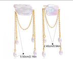 18K Gold Plated Double Layer Tassel Drop Earrings with Oval Shaped Natural Freshwater Pearl 18K Gold Plated