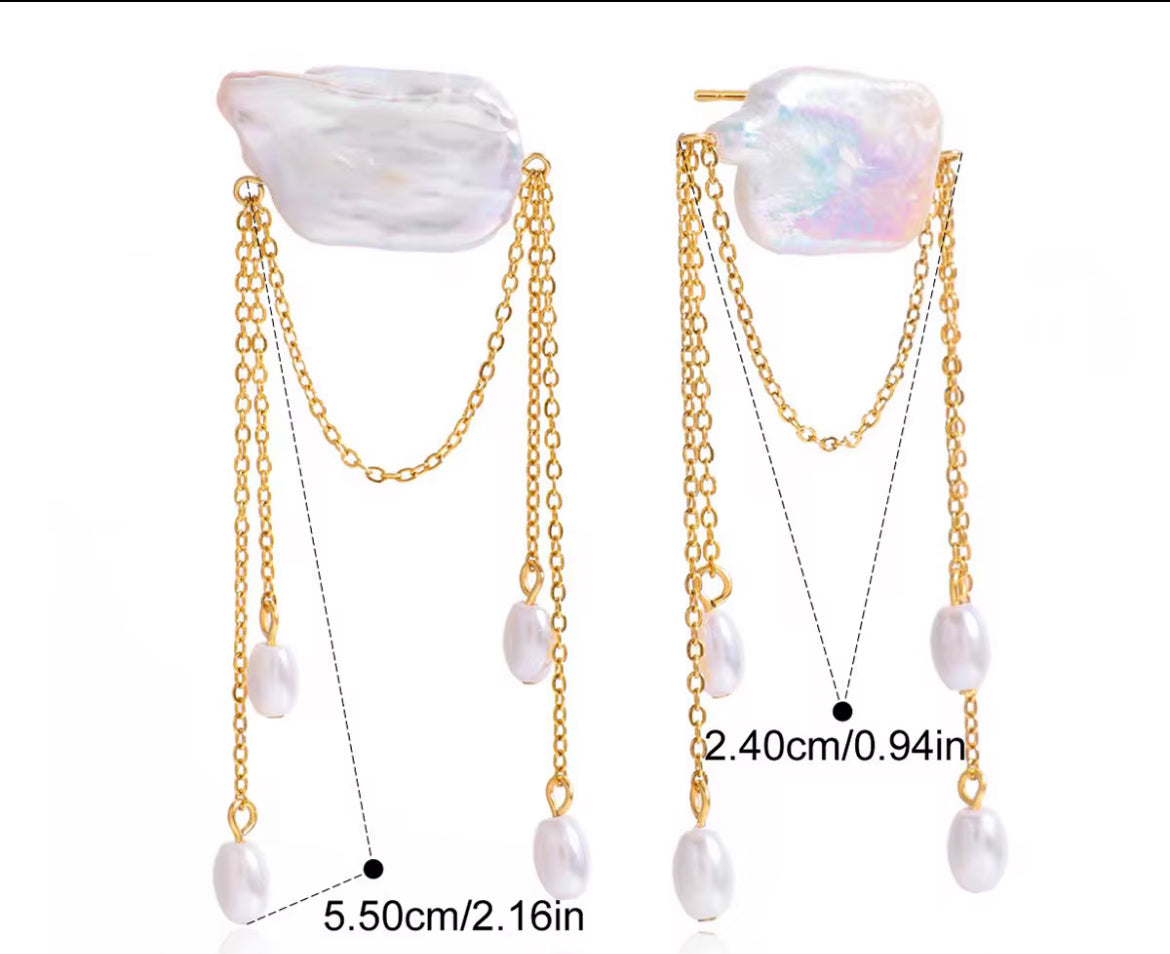 18K Gold Plated Double Layer Tassel Drop Earrings with Oval Shaped Natural Freshwater Pearl 18K Gold Plated