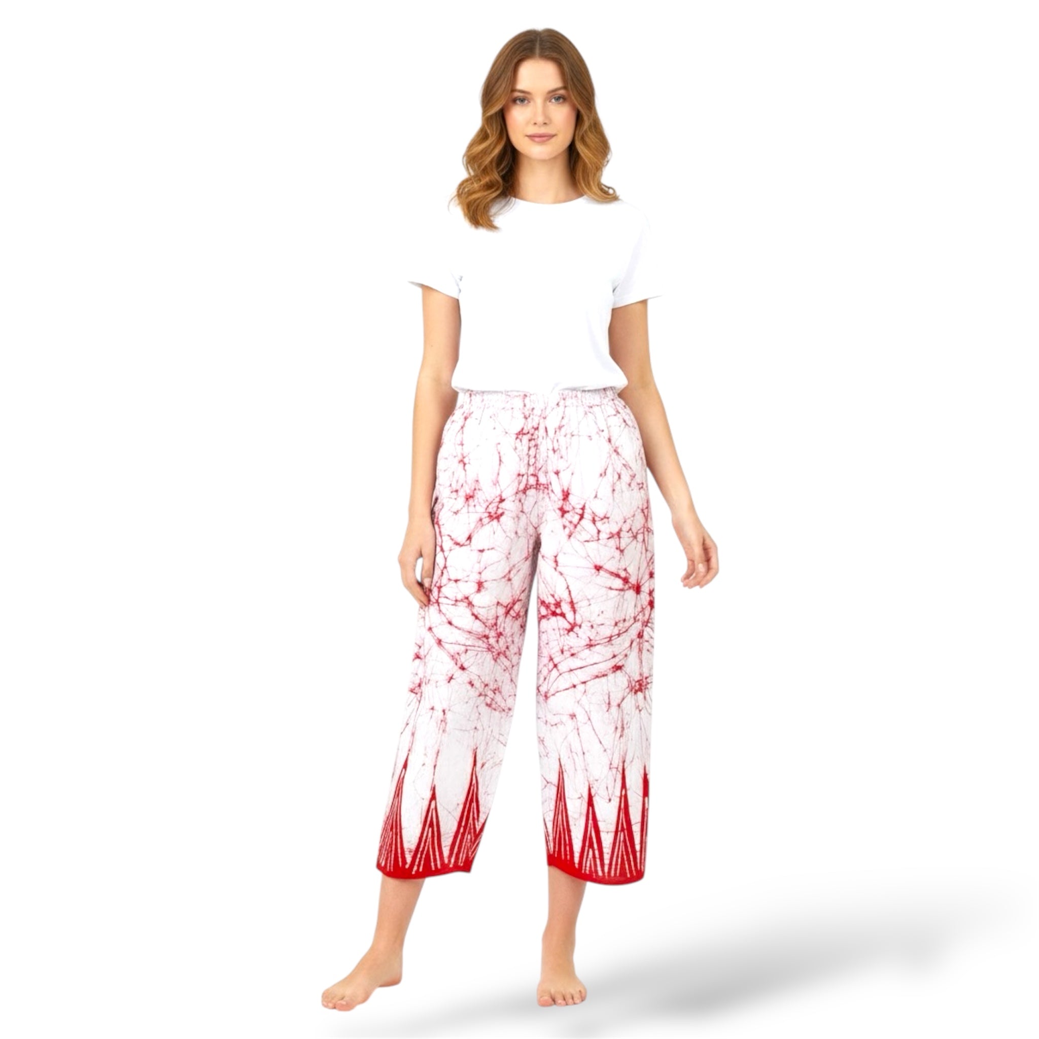 Red and White Pattern 100%  Cotton Comfort Pants – Travel-Ready & Versatile