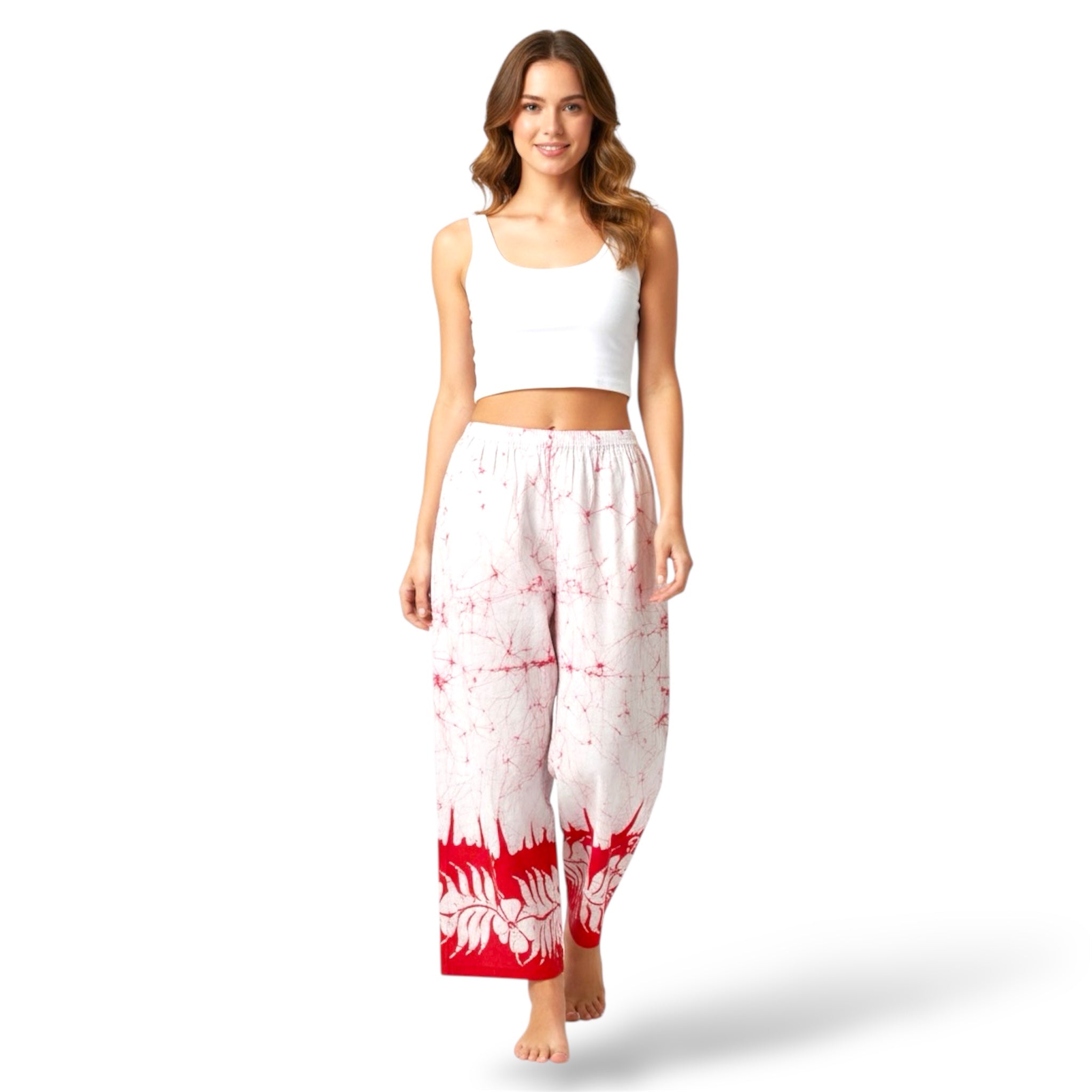 Flower Design Red and White 100% Cotton Comfort Pants – Travel-Ready & Versatile