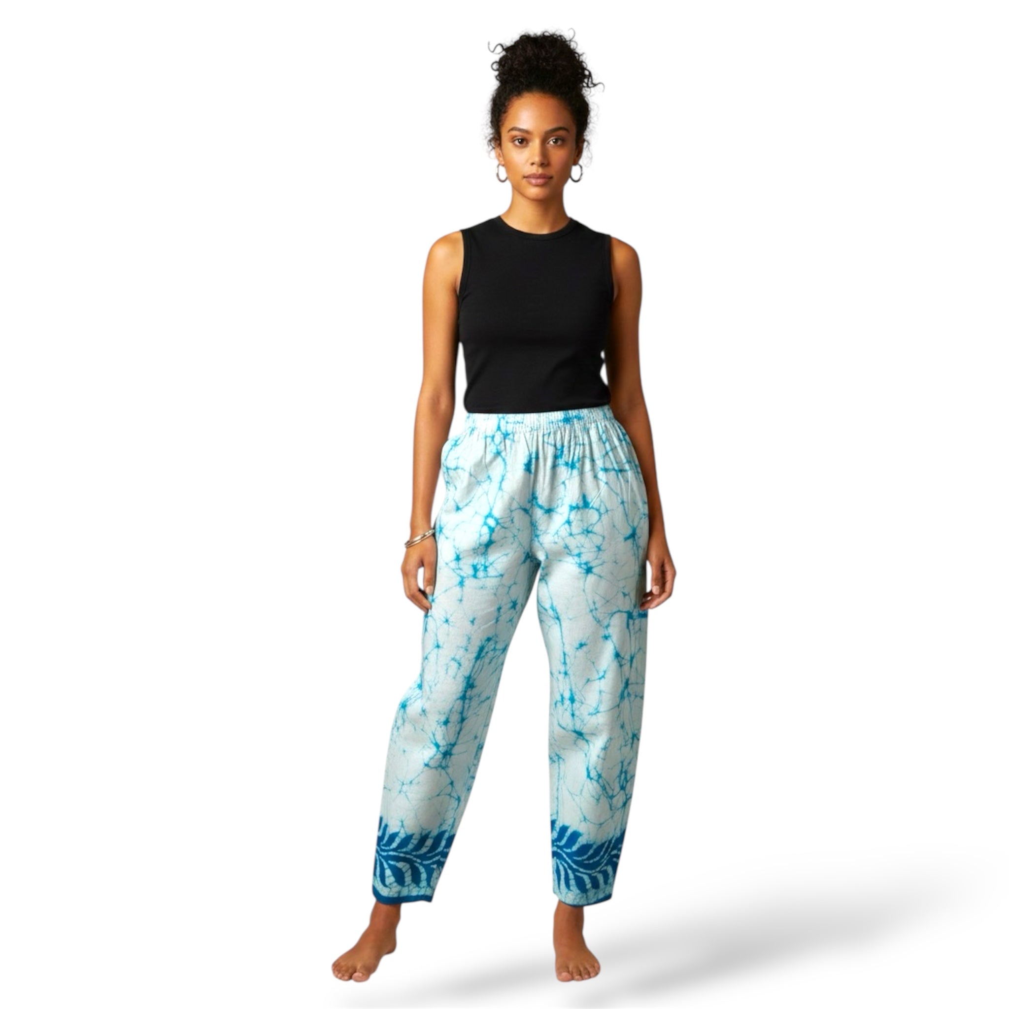 Leaf Design Light Blue and White 100% Cotton Comfort Pants – Travel-Ready & Versatile
