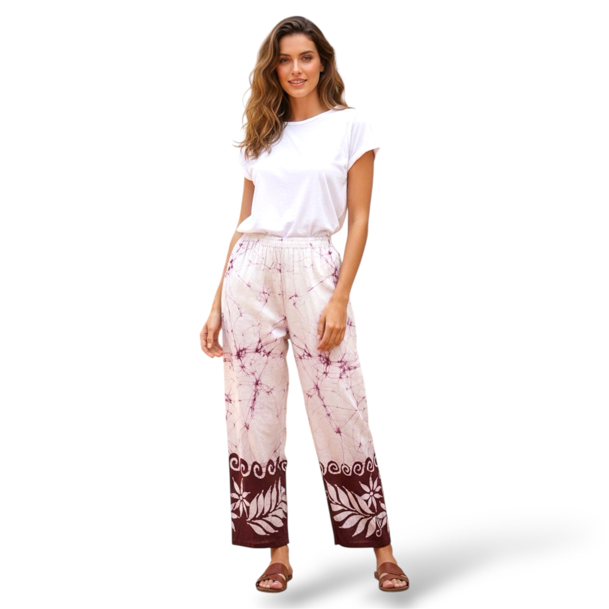 Floral Design Dark Purple and White 100%  Cotton Comfort Pants – Travel-Ready & Versatile