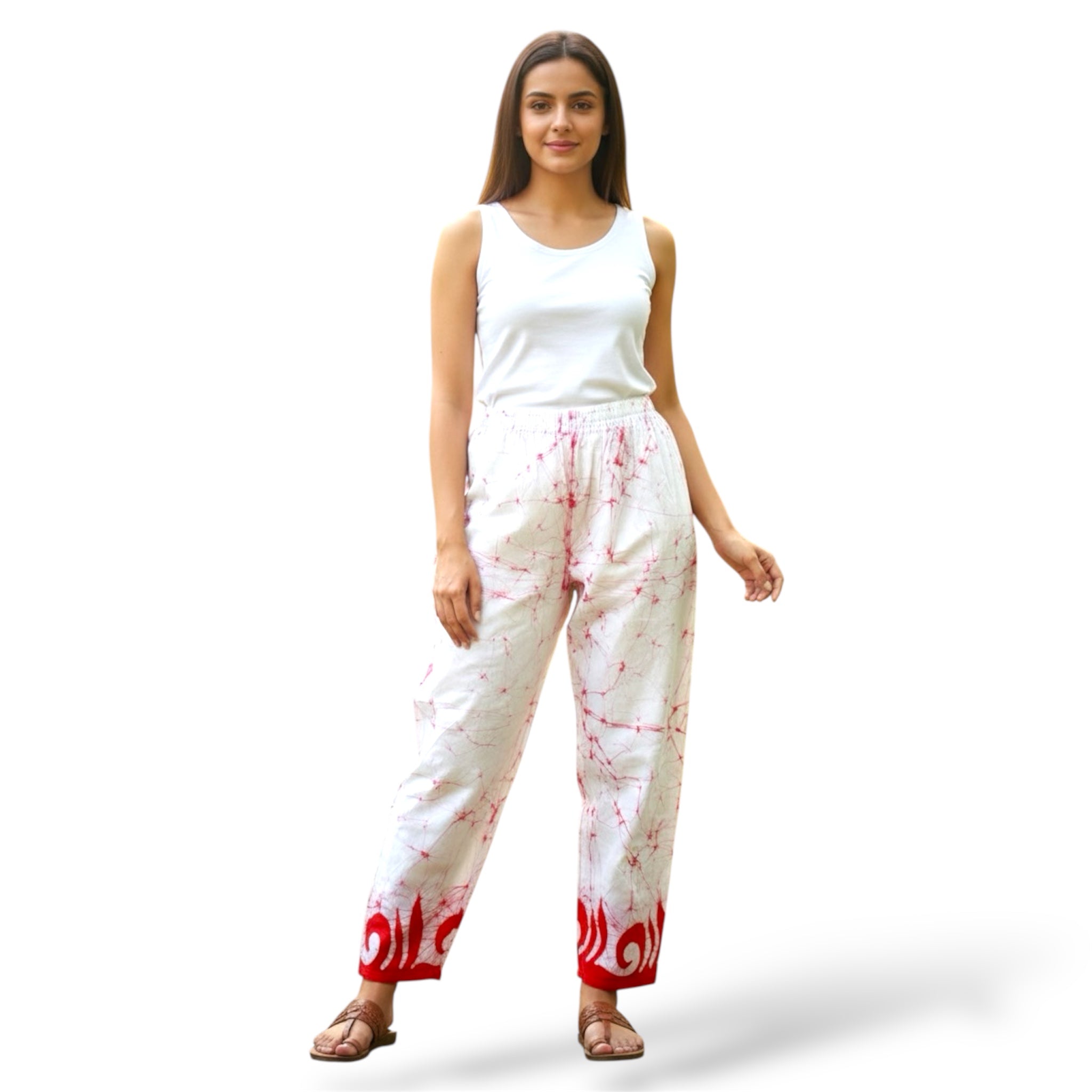 Red Pattern White 100% Cotton Comfort Pants – Travel-Ready & Versatile