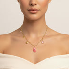 LOVEANDCOMPASSIONLINEROSEQUARTZANDRHODONITENATURALSTONESWITHHEARTMOTIFMINIMALISTICCHARMNECKLACEBYONNARA2