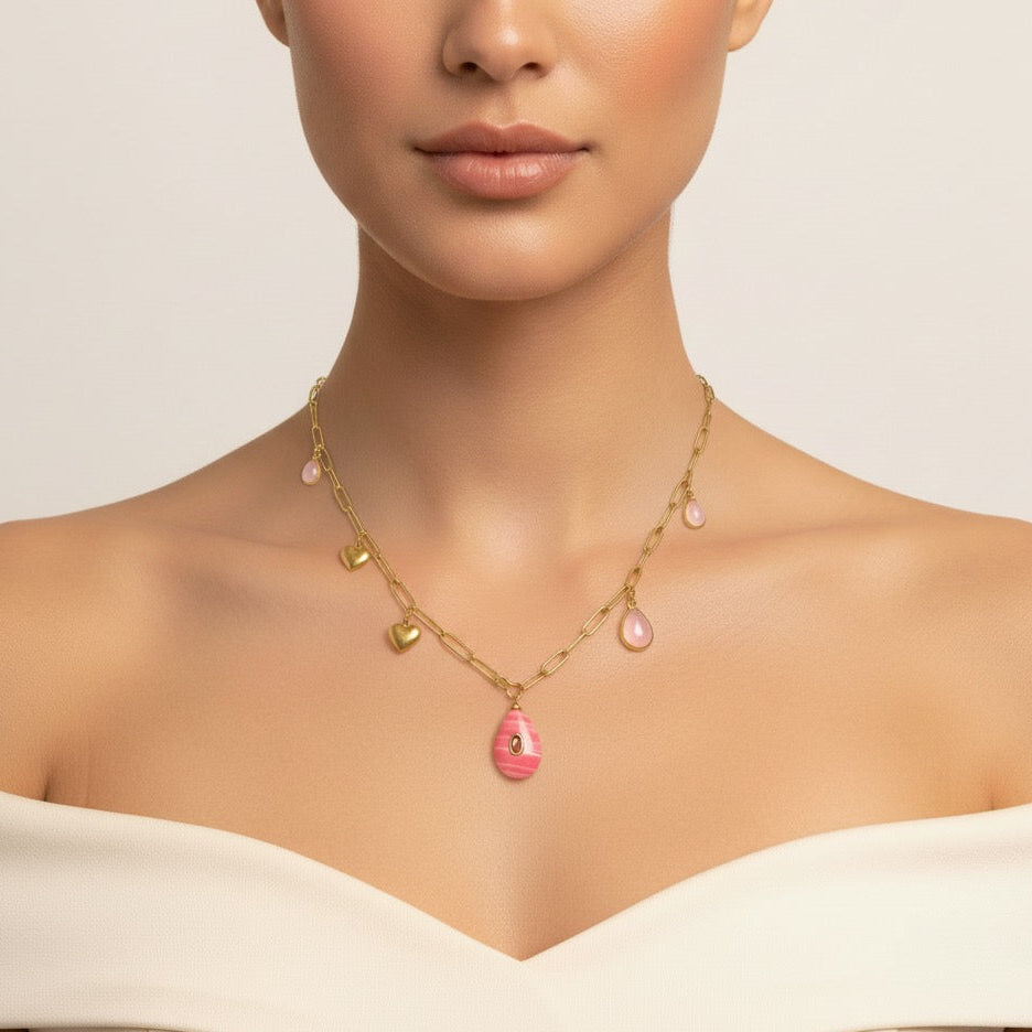 LOVEANDCOMPASSIONLINEROSEQUARTZANDRHODONITENATURALSTONESWITHHEARTMOTIFMINIMALISTICCHARMNECKLACEBYONNARA2