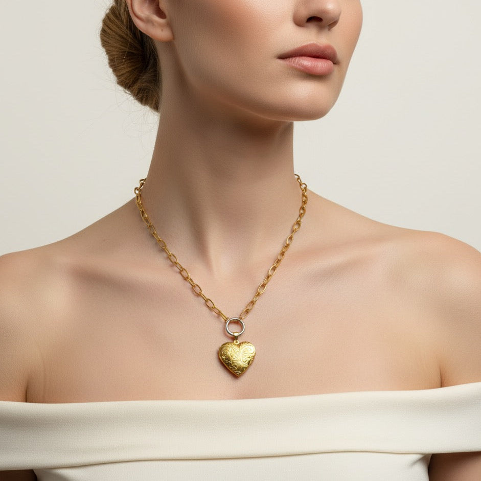 Heart Locket Gold Statement Necklace