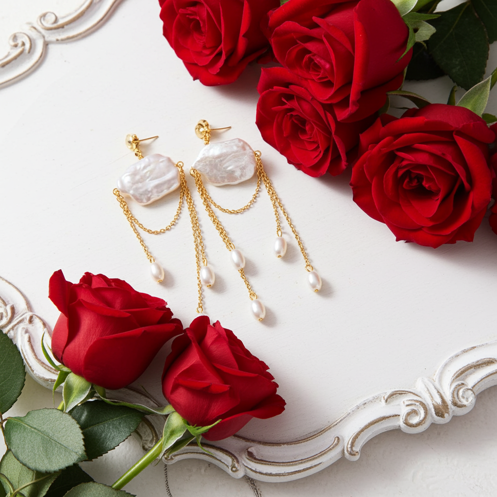 18K Gold Plated Double Layer Tassel Drop Earrings with Oval Shaped Natural Freshwater Pearl 18K Gold Plated