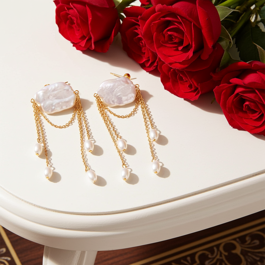 18K Gold Plated Double Layer Tassel Drop Earrings with Oval Shaped Natural Freshwater Pearl 18K Gold Plated